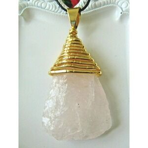 New Natural Pink Rose Quartz Crystal Goldtone Wire Wrapped Pendant Necklace